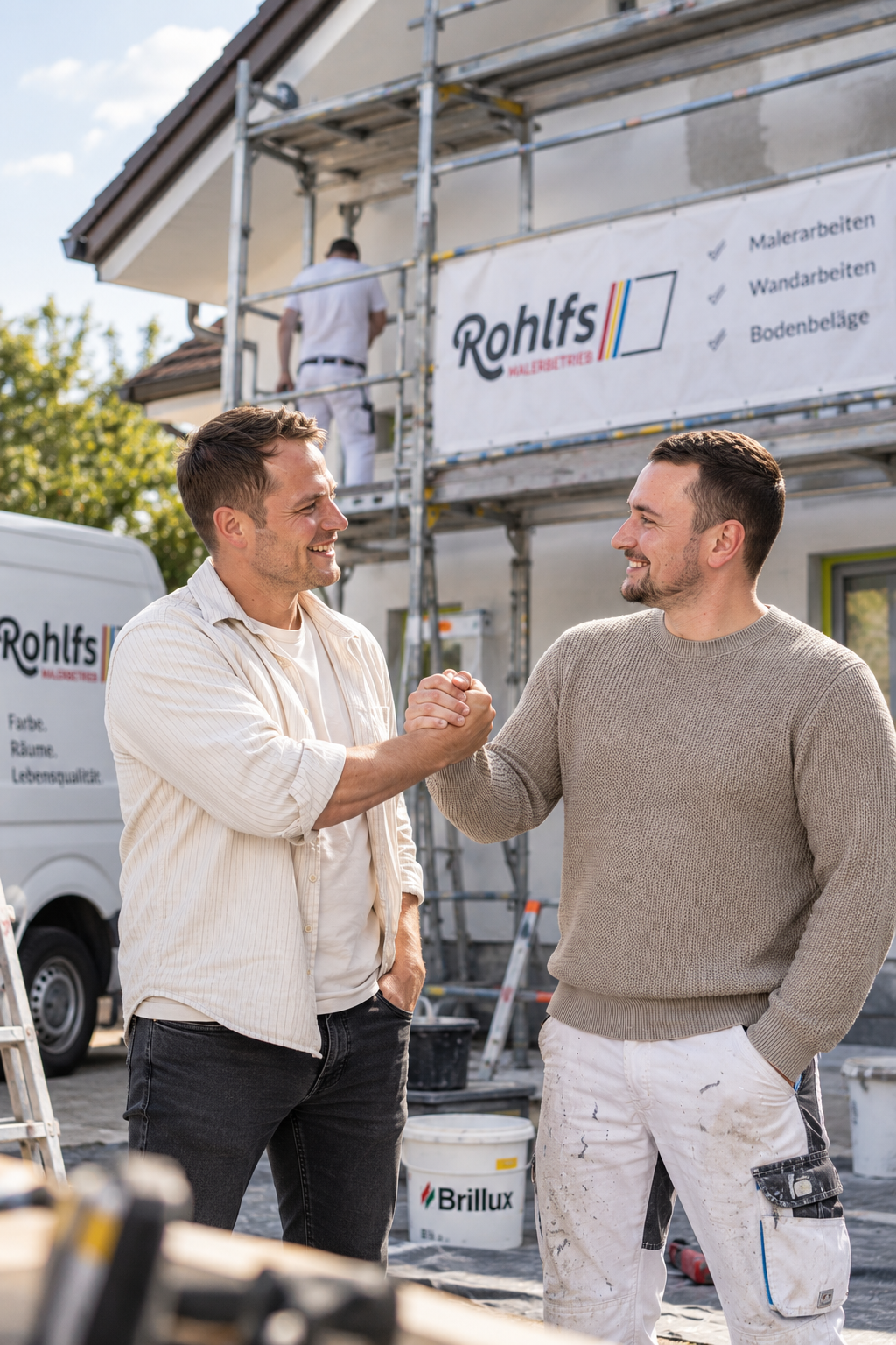 Malermeister vor einem fertig renovierten Objekt
